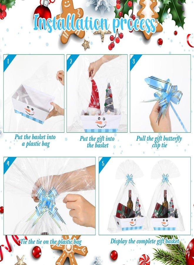 Cholemy 12 Pack 12 x 10 x 4 Inch Christmas Empty Gift Basket Kit Bulk, Includes 12 Snowman Face Cardboard Baskets, 12 Plastic Bags and 12 Bows, Large Xmas Gifts Baskets with Handles for Holiday - Image 4